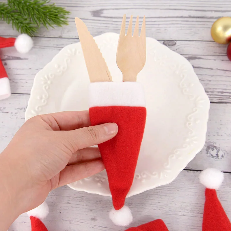 10pcs Mini Christmas Hat Merry Christmas Ornaments Non-woven Santa Hat Party Decoration Gift Wine Bottle Cutlery Cover