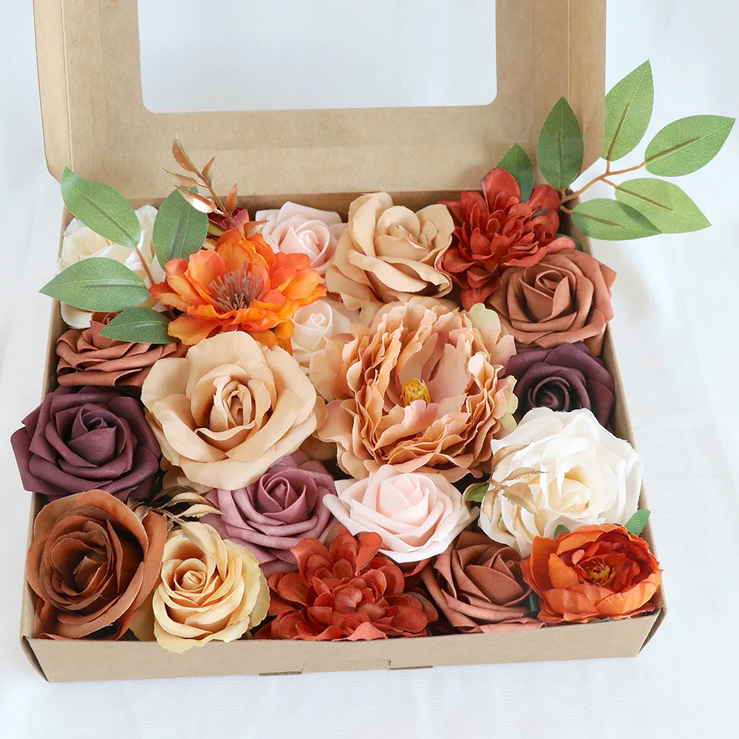 Yannew Burnt Orange Künstliche Rosen Blumen-Combo-Box-Set für DIY Herbst Herbst Boho Hochzeit Brautstrauß Arrangement Dekoration – Detail 21