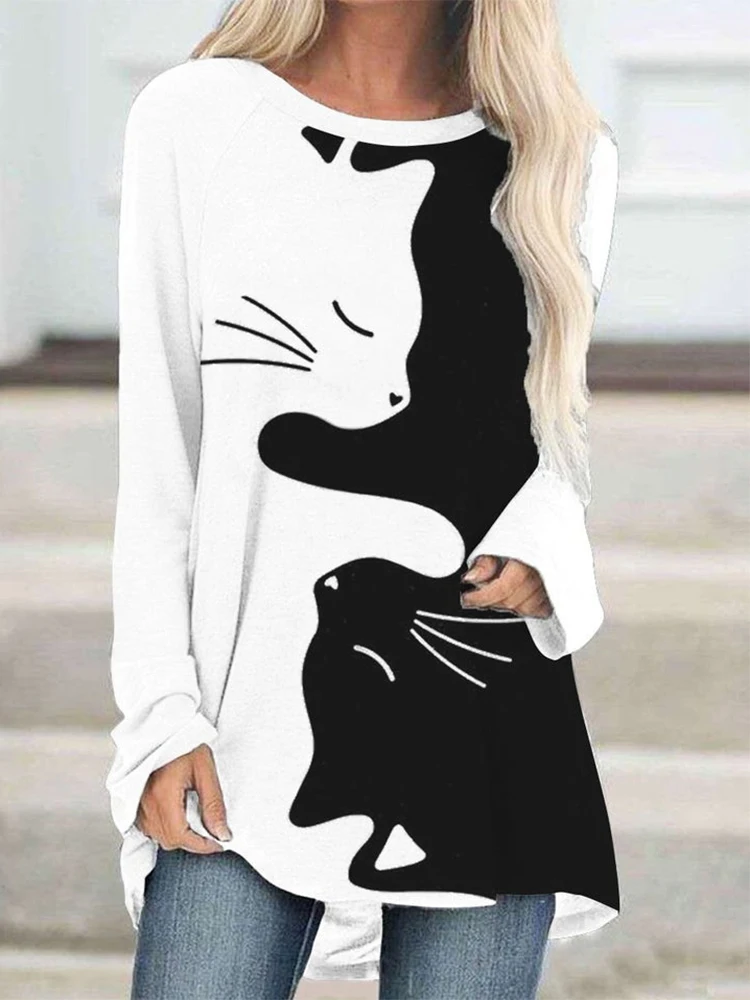 

CLOOCL Basic Shirt for Women Black Cat and White Cat Crew Neck Long Sleeve Tee New Fashion Commuter Style Print Oversized Shirts