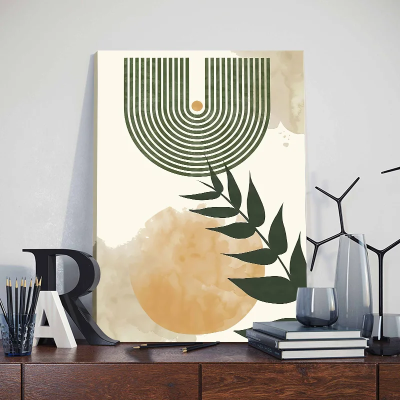 3pcs Bohemian Sage Green Wall Art Canvas Painting with Framed Nordic Abstract Geometric Plant Leaves Posters Bedroom Home Decor