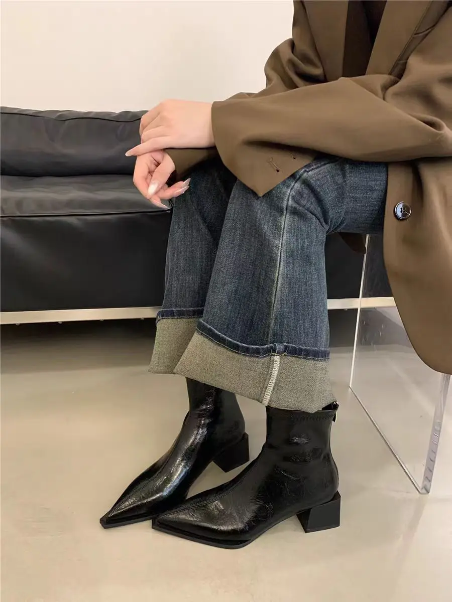 2026 mode Spitz Moderne Damen Kurze Stiefel Schuhe Weibliche Quadratische Fersen Frauen Ankle Stretch Stiefel Reißverschlüsse Schuhe Pumpen 35-42 – Detail 16