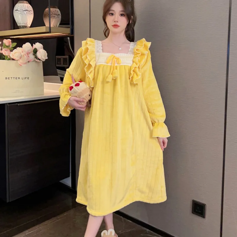 Nightgown Women Flannel Fleece Lace Thicken Sleepshirt Nightdress for Women Winter Autumn Nightwear Home Dress Sleepwear Pajamas