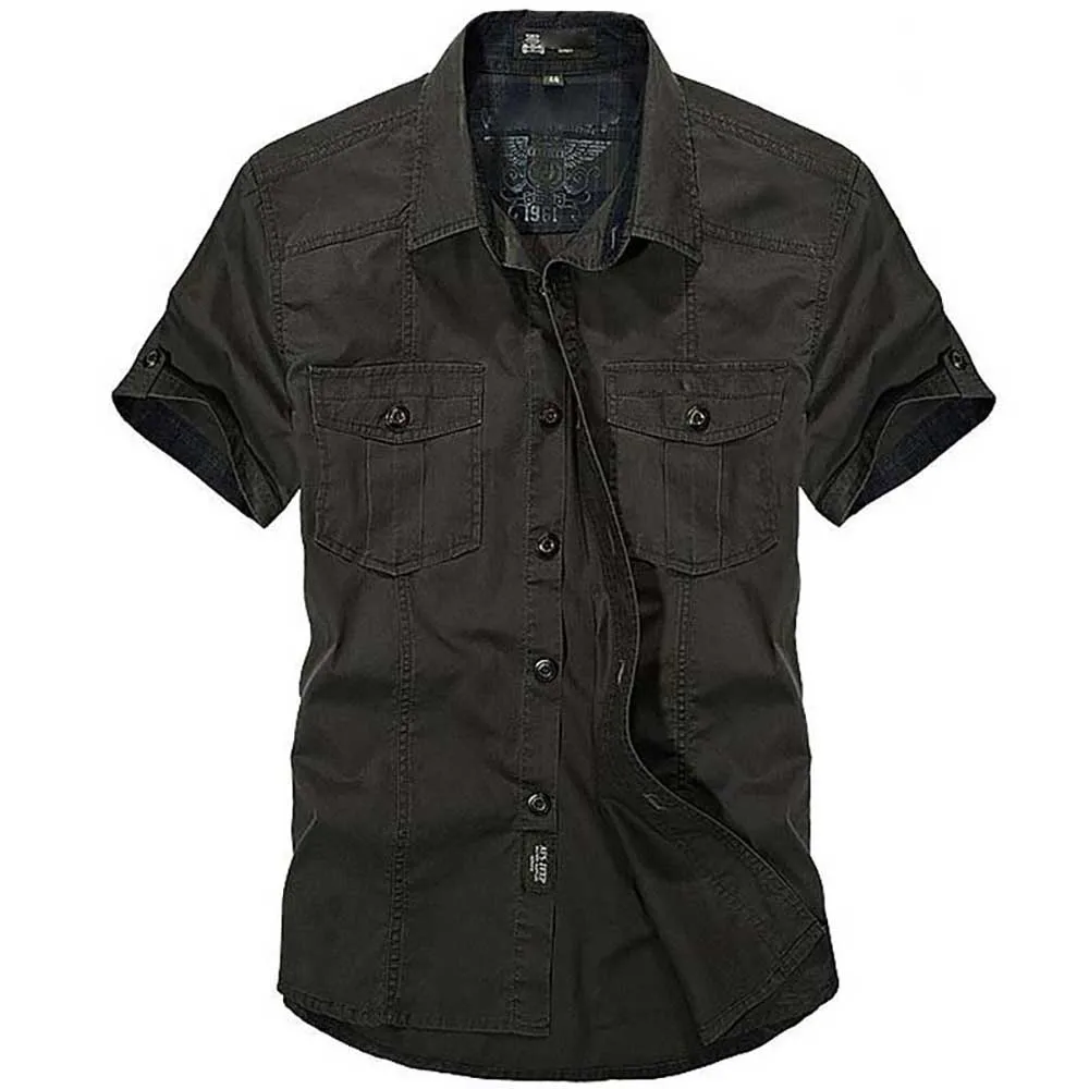 Casual Short Sleeved Shirt Short Sleeved Shirt Button Down Shirt Summer Cotton Casual Shirts Men Loose Shirts Short Sleeve Turn-down Collar Military Style Male Tops