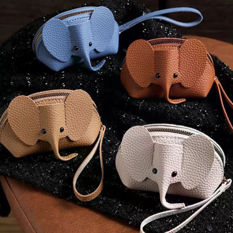 Portamonete multifunzionale in pelle PU per donna; Borsa per soldi con motivo elefante con cerniera portachiavi