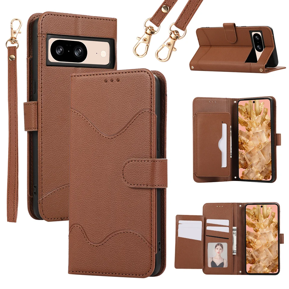 

Crossbody Wrist Strap Wallet Card Holder Phone Case for Google Pixel 9 8 7 6 Pro 8A 7A 6A 5G PU Leather Shockproof Cover