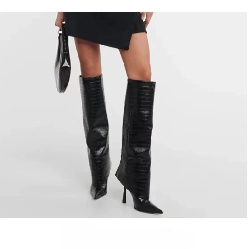 Eusibb Women's Stone Pattern Knee High Boots - Low Heel, Zipper, Pointed Toe Retro Style For Daily Wear & Parties - View #2