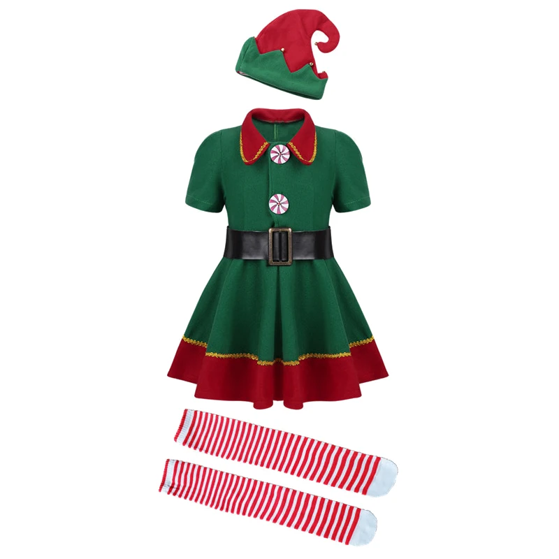 thumbnail image 1 of Christmas Santa Claus Costume Green Elf Cosplay Children Carnival Party New Year Xmas Dress Clothes Set For Toddler Girls Boys, 1 of 5