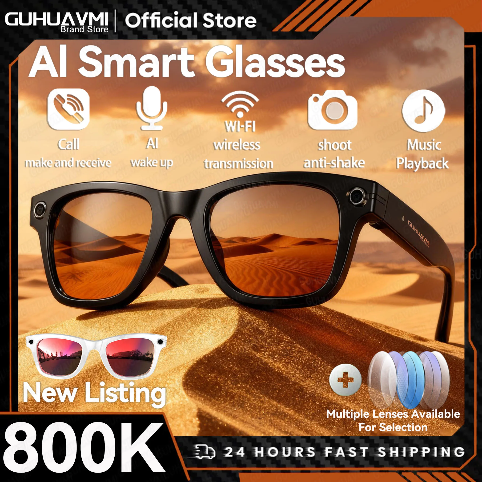 GUHUAVMI W610 smart glasses bluetooth camera Recording Videos AI Photo Recognition Answer 100+ Languages Translation Music Play Men Women