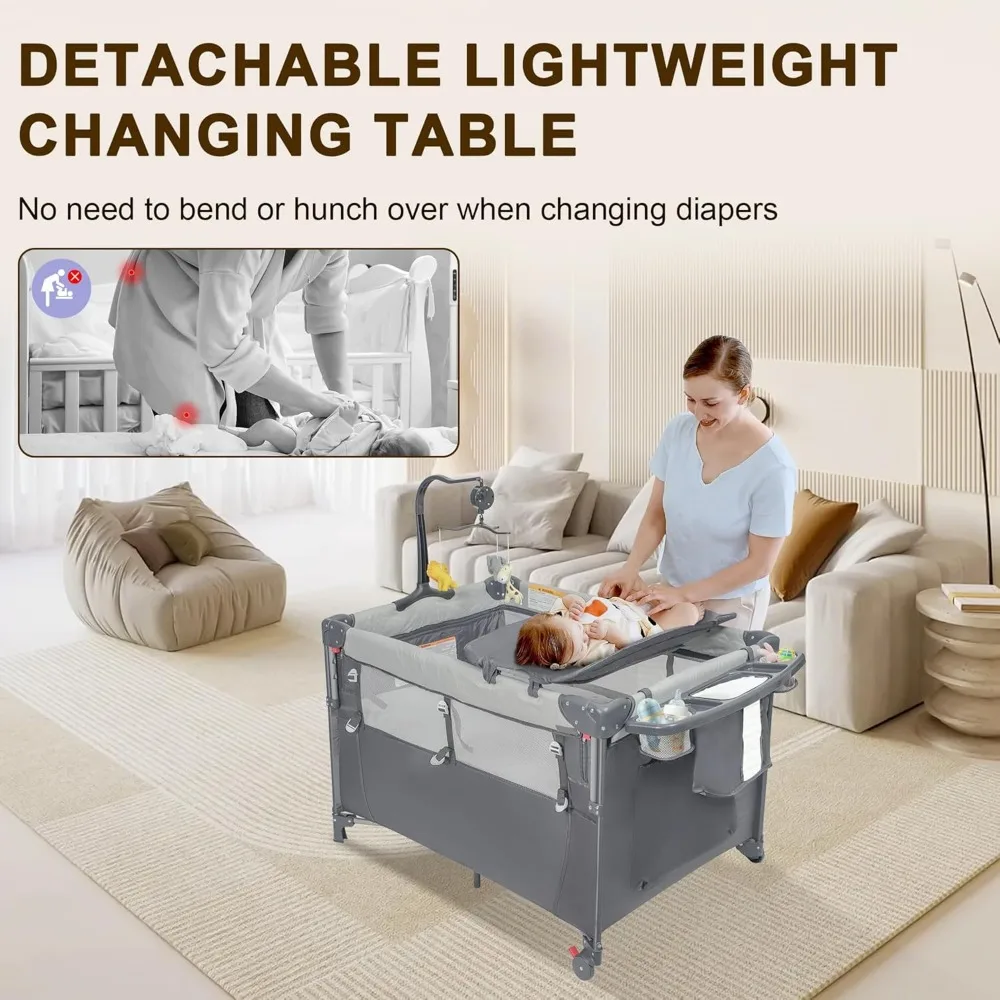 Baby Bassinet Bedside Crib, 6-in-1 Pack and Play with Bassinet, 4 Height Adjustable Bedside Crib, Newborn Portable Bassinet 3