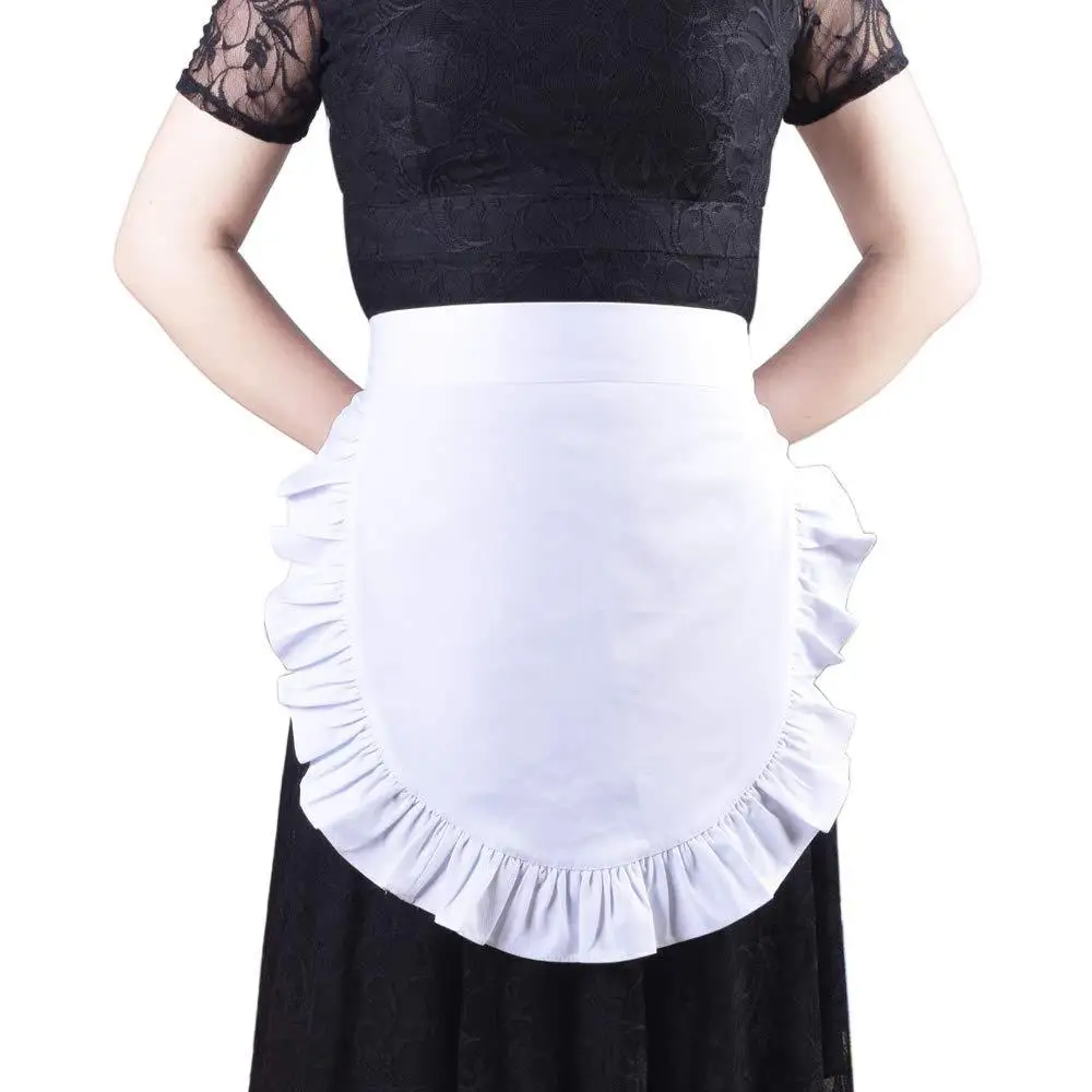 Жіночий напівфартух чисто білого кольору з настроюваним логотипом і оборками, ідеальний варіант для домашнього приготування їжі