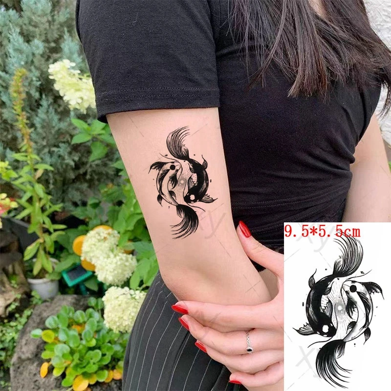 Water Transfer Fake Tattoo Sticker Black & White Carp Fish Tai Chi Tatoo Art Waterproof Temporary Flash Tatto for Woman Man Kids