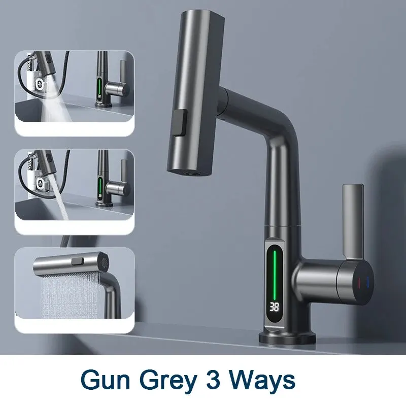Temperature Digital Display Basin Faucet for Bathroom Pull Out Waterfall Stream 3 Way Sprayer Hot Cold Water Sink Mixer Wash Tap