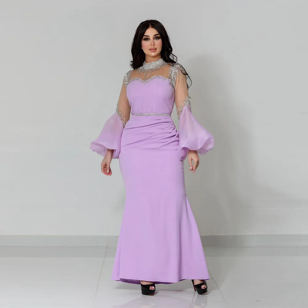 

High Collar Elegant Prom Gown for Women Illusion Beading Full Sleeves Ankle-Length Party Evening Dresses فساتين للحفلات الراقصة