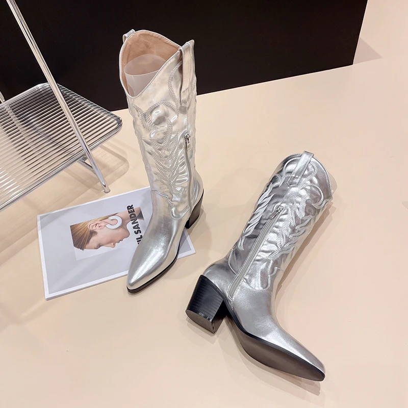 Kcenid Autumn Winter Cozy Sfot Leather Boots High Knee Woman Heels Fashion Handwork Embroidery Ladies Pointed Toe Long Shoes