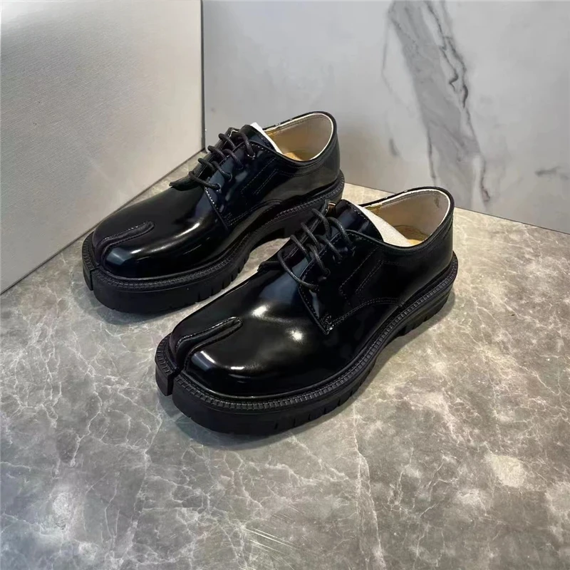 Autumn Thick Soled Split Toe Shoes Unisex Square Toe Lace Up Derby Shoes Male and Female Business Leather mens leather dress shoes