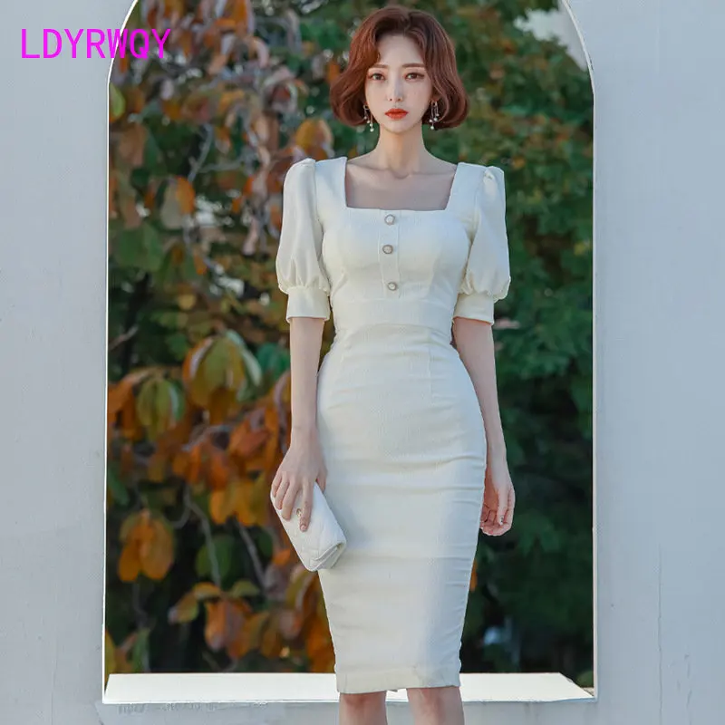 

Dress 2023 Summer New Korean Style Fashion Style Style Square Neck Bubble Sleeve Slim Fit Split Wrap Hip