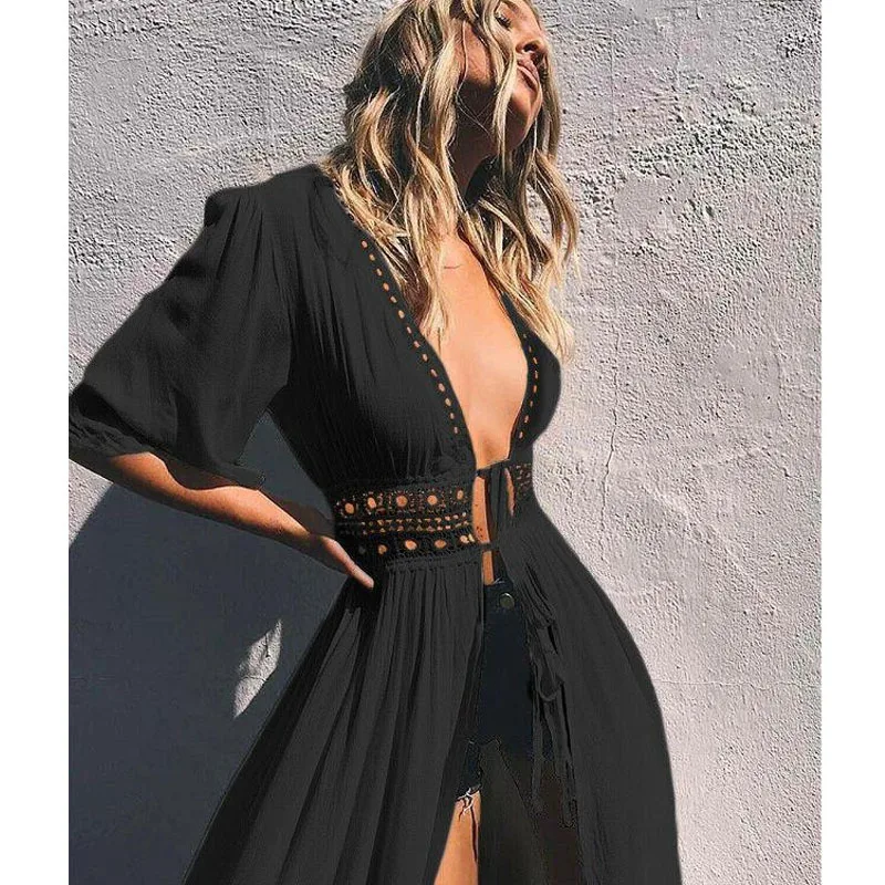 2023 Summer New Fashion Sexy Comfortable Versatile Flowering Lace Lace Cut Out Solid Chiffon Beach Swimwear Cover Up