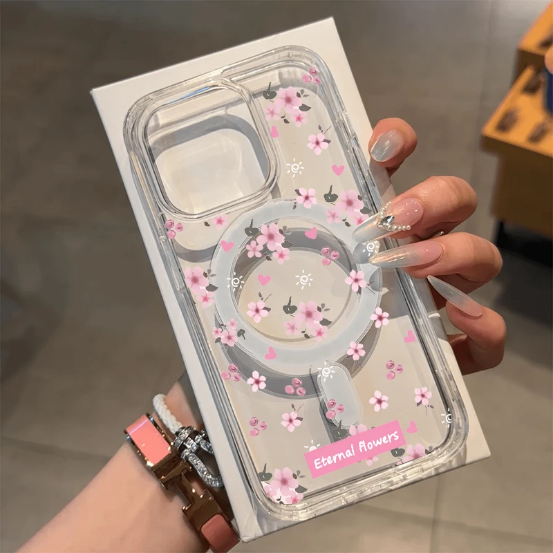 Floral Magnetic Transparent Phone Case with Magsafe Wireless Charging Capability