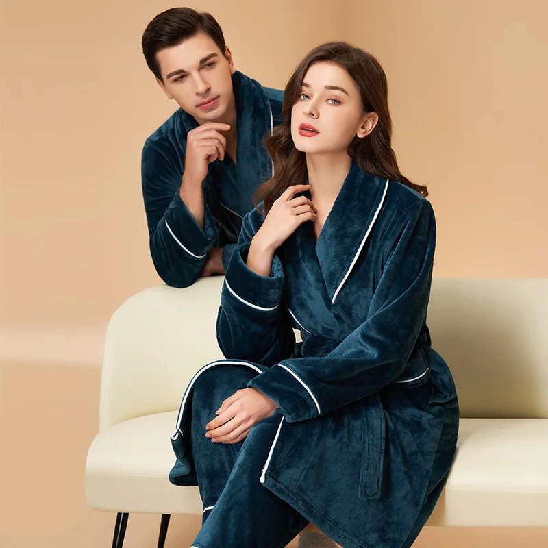 

Winter New Warm Pajamas Women And Men Lapel Long Robe Pant Home Wear Set Flannel Sleepwear Couple Comfy Lounge Bathrobe