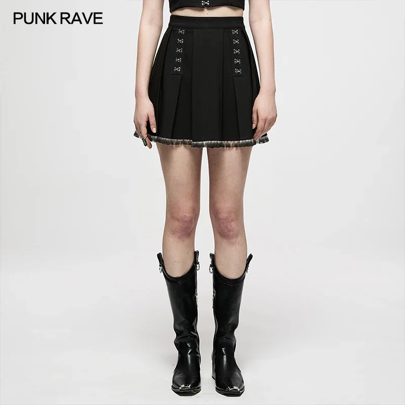 punk-rave-women's-dark-gradient-lace-heavy-pleated-skirt-punk-metal-buckle-high-waist-personality-sexy-club-black-mini-skirts