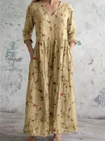 Plus size  Europe and the United States cross-border  spring and autumn hot sale printed pocket V-neck long sleeve dres