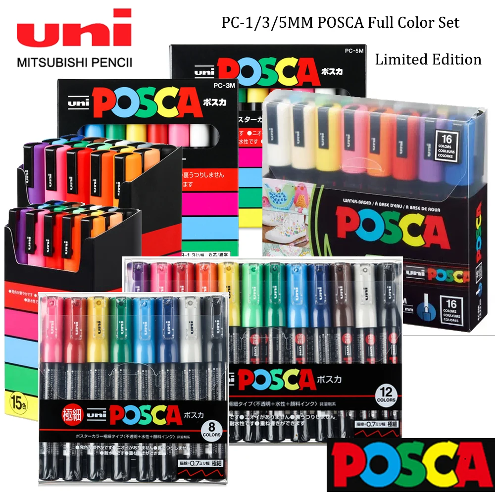 Uni Posca Paint Marker Pens Full Set PC-1M PC-3M PC-5M POP Poster Colour  Water-Based Pigment Ink with Original Vinyl Pen Case - AliExpress