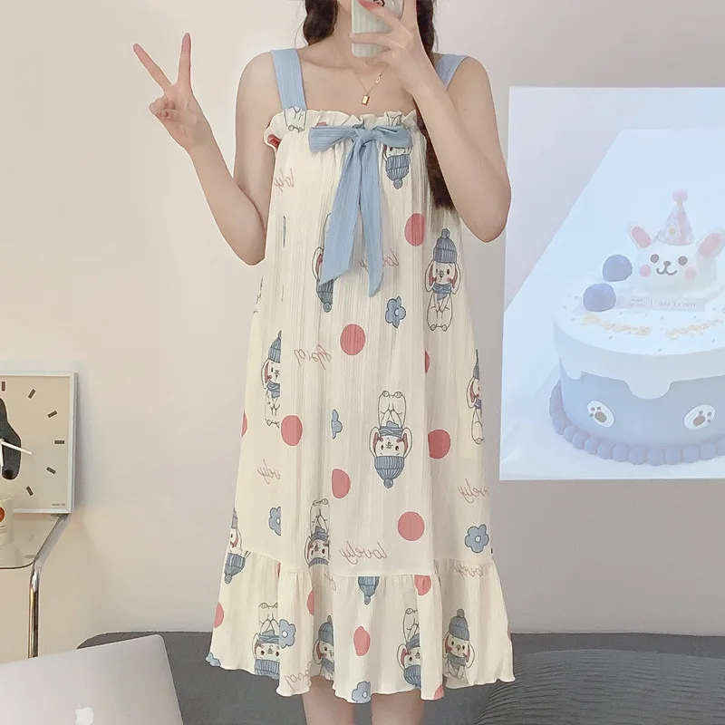 Sweet Cute Nightdress Women Princess Nightgown Lady Sleeveless Sleepwear Summer Female Cotton Nightgowns Loose Home Clothes