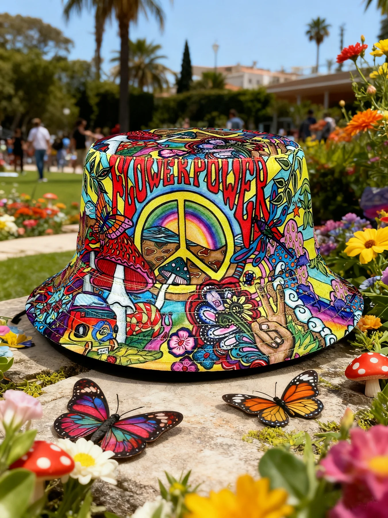 Flowerpower Peace Bike Retro Punk Hippie Fischerhut, beidseitig tragbar, künstlerisches Poster-Design, auffälliger Bucket Hat, beidseitig bedruckter Bucket Hat, Unisex-Modeaccessoire für Outdoor-Sport und Freizeit, geeignet für Festivals, Partys und Abenteuer. – Detail 15