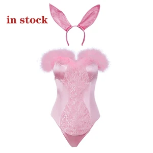 CostumeBuy Elle Woods Bunny Costume Pink Rabbit Bodysuit Halloween Women Sexy Ears Set Onesie Corset Costume