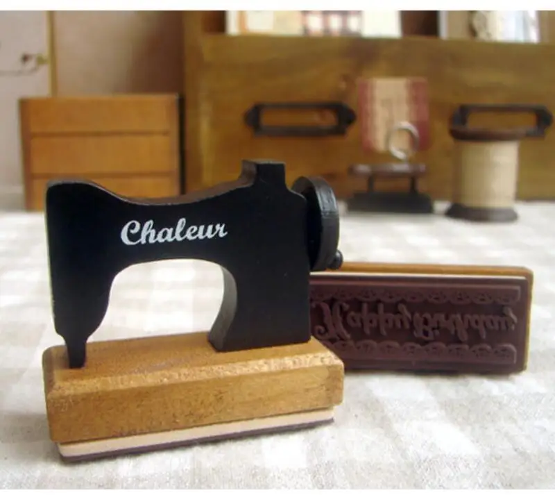 Vintage Happy Birthday Wooden Stamp Sewing Machine shape Stamp DIY Work Gift 