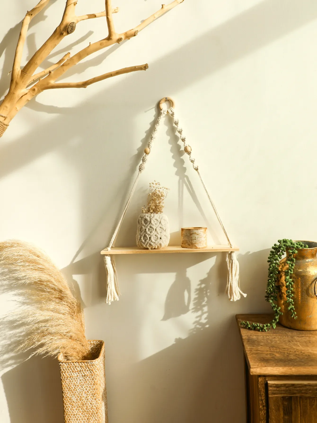 

Wood Wall Shelf Macrame Floating Display Shelves Hanging Wall Plant Corner Holder Stand For Room Decor Boho Home Decoration