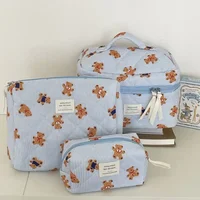 Cute Bear Flower Quilting Cotton Makeup Bag Women Zipper Cosmetic Organizer Female Cloth Handbag Toiletry Case for Girls 1