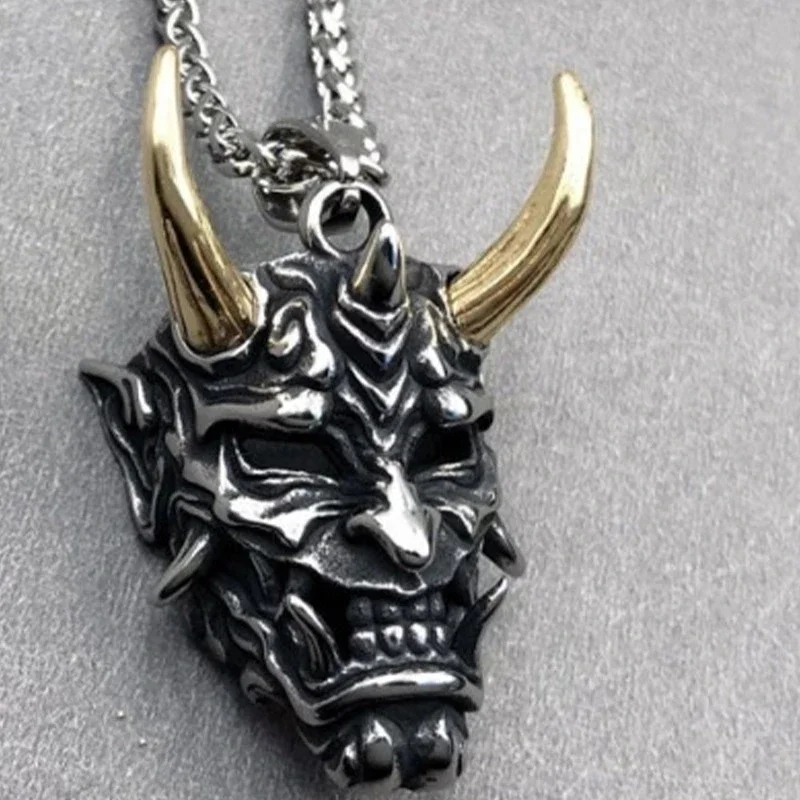 Gothic Anger Hannya Ghost Skull Mask Pendant Accessories Retro Jewelry Gift Necklace Samurai Devil Masks Neck Chain for Friend