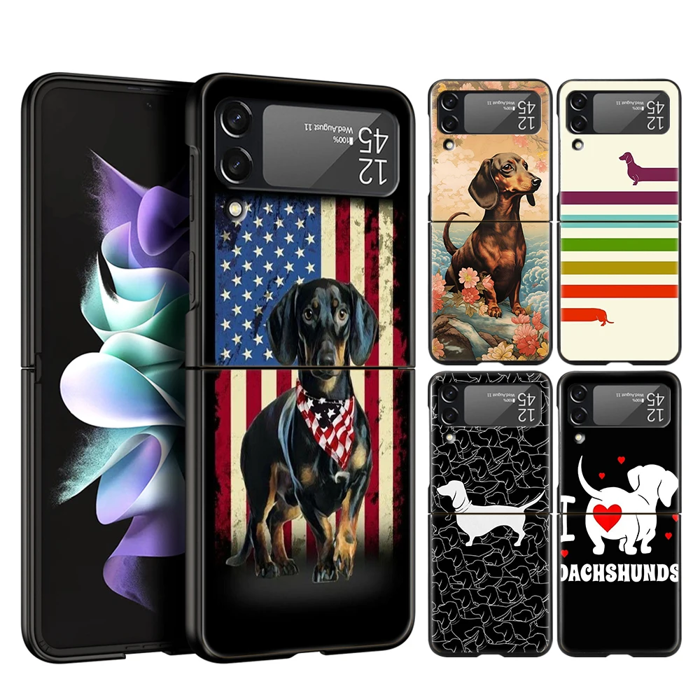 Harte PC-Handyhülle für Samsung Galaxy Z Flip 6/5/4, schwarze Abdeckung für Galaxy Z Flip 3, faltbare, stoßfeste Tasche, Dackel, Wursthund
