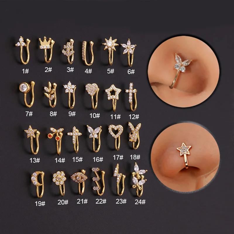 Piercing Jewelry Fake Piercing Clip Nose Ring Cuff Body Jewelry for Women New Trend 1PCS Ear Cuffs Heart Star Flowers Butterfly Clip Rings KAE197