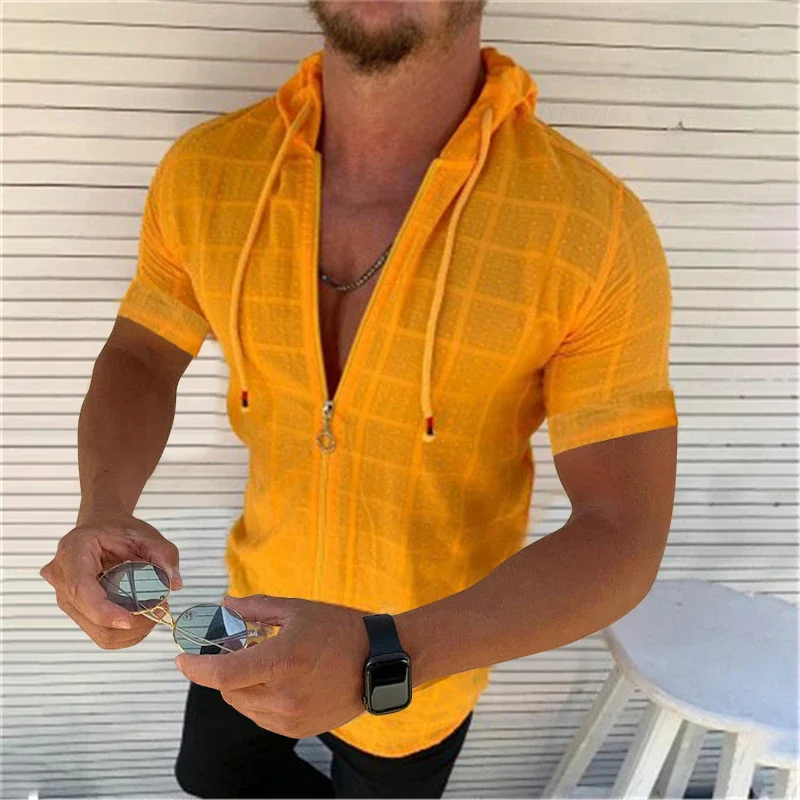 2023 Men Plaid print Shirt Summer Short sleeved Hoodie Zipper shirt tops streetwear Casual cardigan Thin Camisa Hombre Fashion