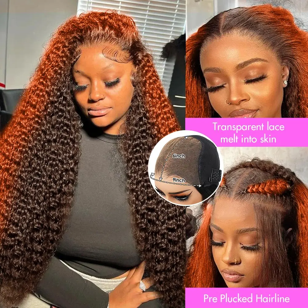 Orange Highlight Colored Deep Wave Lace Front Wigs Human Hair Pre Plucked 13x6 HD Lace Front Wigs Ginger Curly Human Hair Wig
