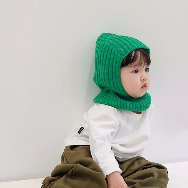 Winter Baby Knitted Hat Hooded Scarf Warm Solid Color One Piece Scarves for Toddler Boy Girl Korean Soft Warm Kids Beanie Cap 2