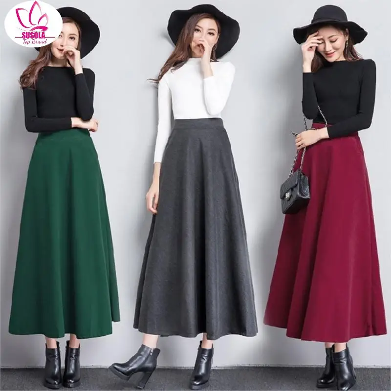 

SUSOLA Winter Women Long Woolen Skirt Trend High Waist Basic Wool Skirts Female Casual Thick Warm Elastic A-Line Maxi Skirts