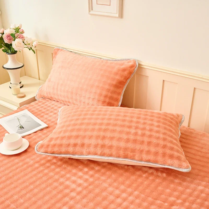 New Milk Velvet Solid Color Single Product Bed Hat Thickened Warm Double Bedspread 150x200 200x220 with Elastic Mattress Cover 3