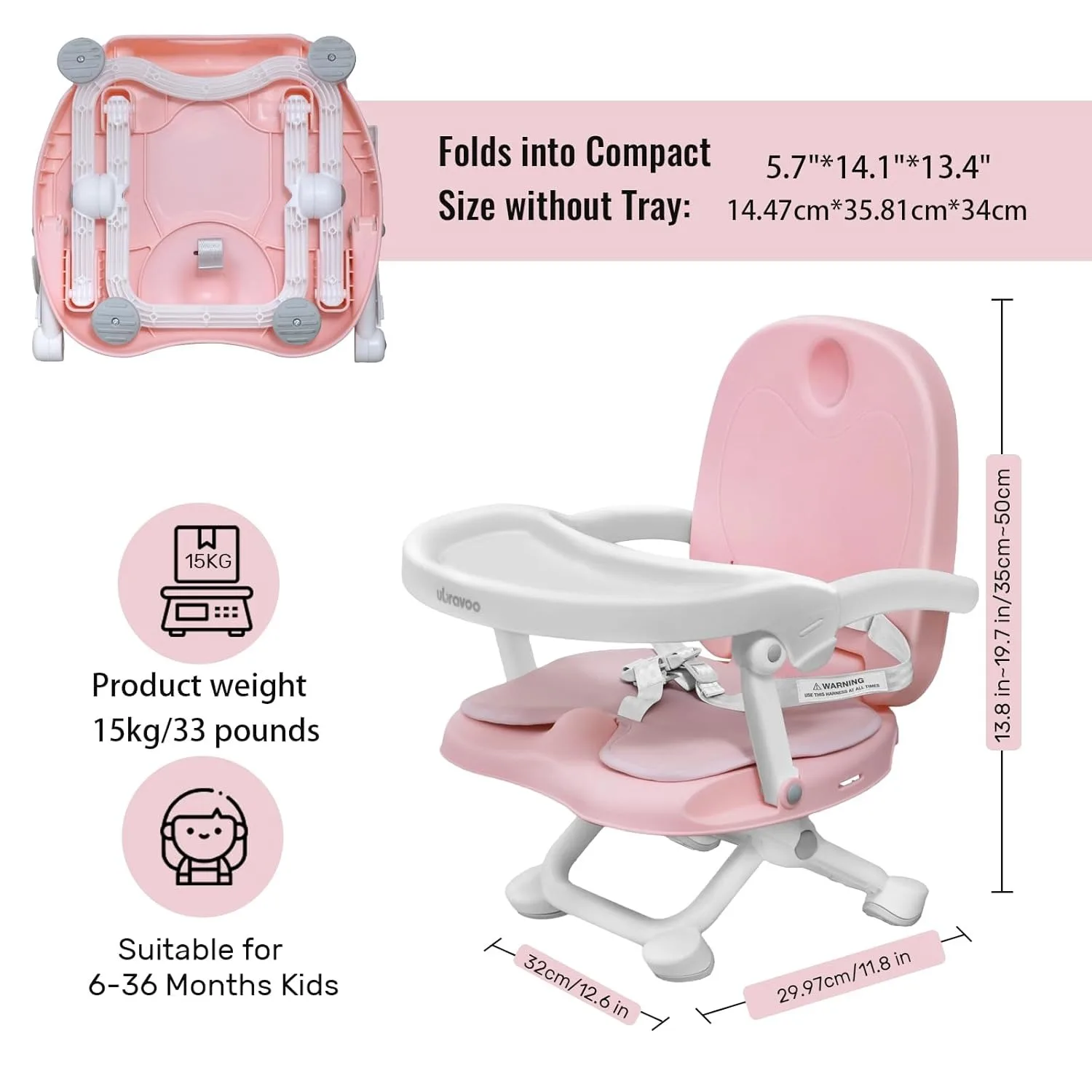 Portable 3-in-1 Foldable Baby Booster Seat with Removable Tray