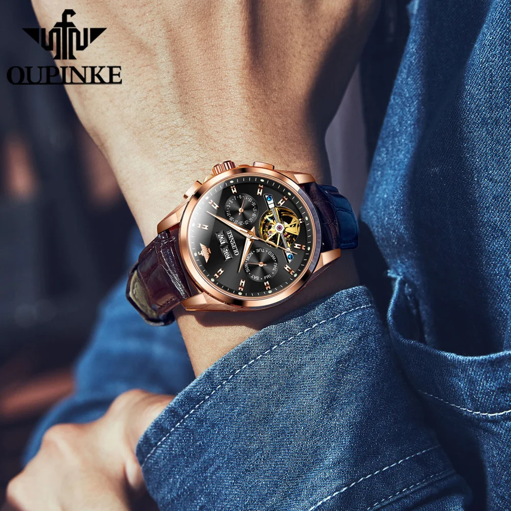 OUPINKE 3291 Man Watch Hollow Skeleton Mechanical Watch For Men Synthetic Sapphire Mirror Waterproof Date Automatic Wristwatch