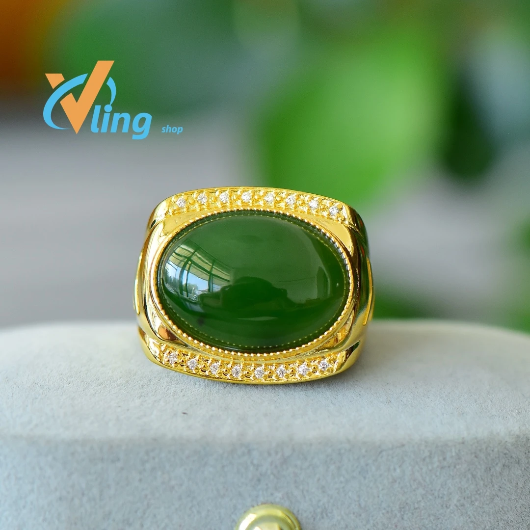 

New temperament green chalcedony jasper ring opening copper inlaid Hotan Jade jasper luxury ring jade for women