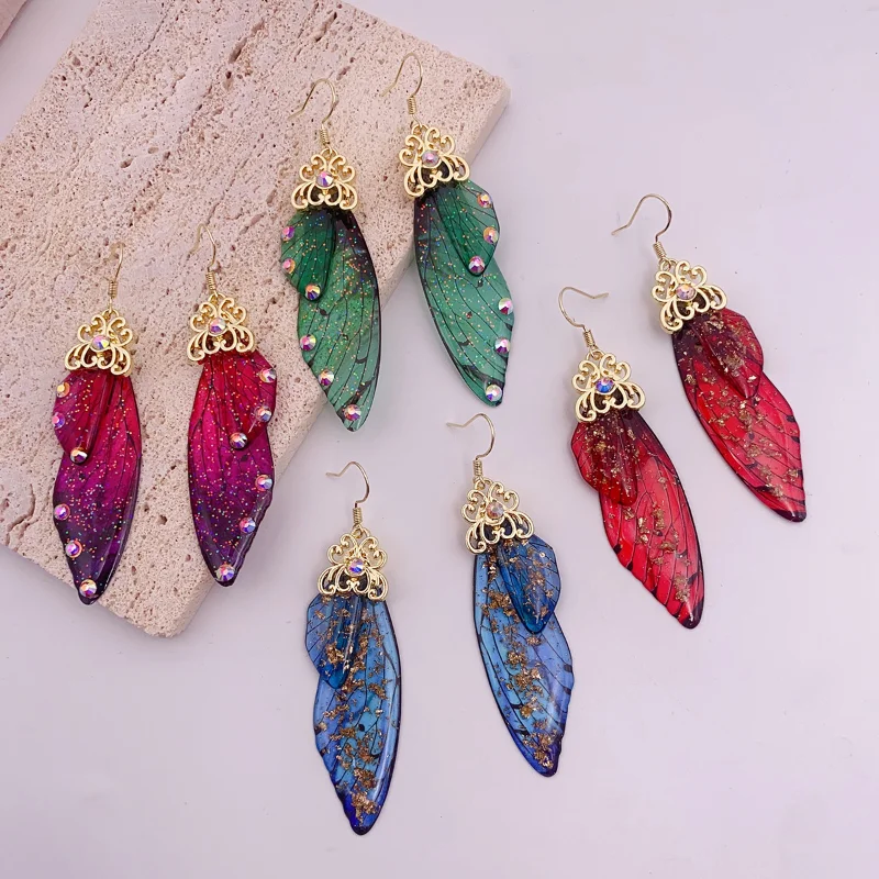 Minar Wonderful Red Blue Green Gradient Color Resin Butterfly Orecchini Pendenti Lunghi Da Donna Spark Strass Glitter Wings Earring