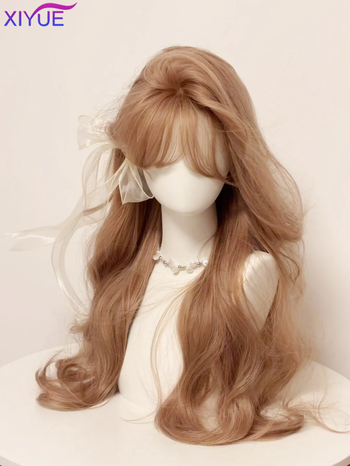 XIYUE Cosplay Wig With Bangs Synthetic Straight Hair 24 Inch Long Heat-Resistant Milk tea brown Pink Wig For Women