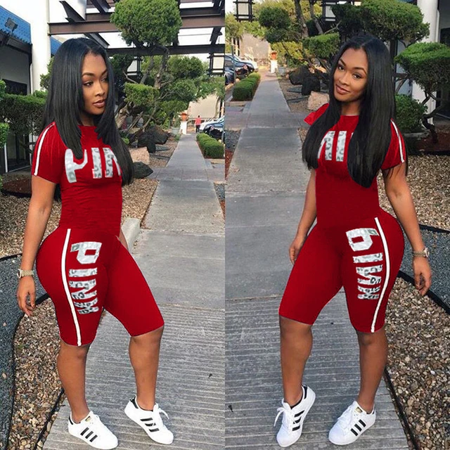 Pink Letter Print Women Two Piece Set Striped T-Shirts And Skinny Pants