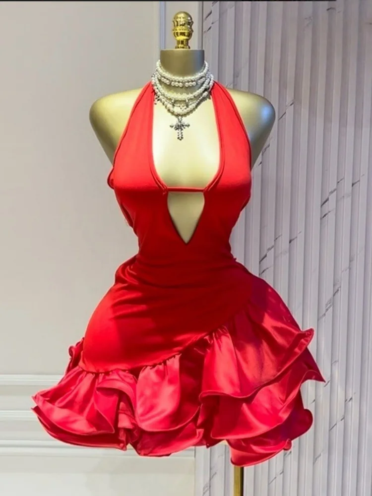 Wmstar Dress Women Wholesale A Sweet Fresh Deep V Neck Halter Backless Sleeveless Ruffled Dresses for Summer 2025 Stock