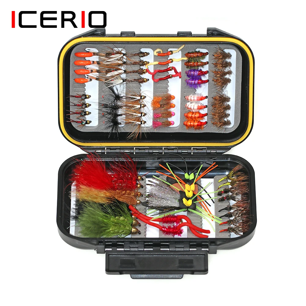 ICERIO 70pcs Fly Fishing Flies Kit Trout Bass Fishing with Fly Box Dry Wet  Flies Nymphs