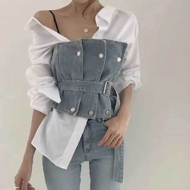 Shirt Chic Sexy Solid Color + Sleeveless Belt Tube Denim Vest Blouse Women 2024 Spring Summer New Ladies Casual Top
