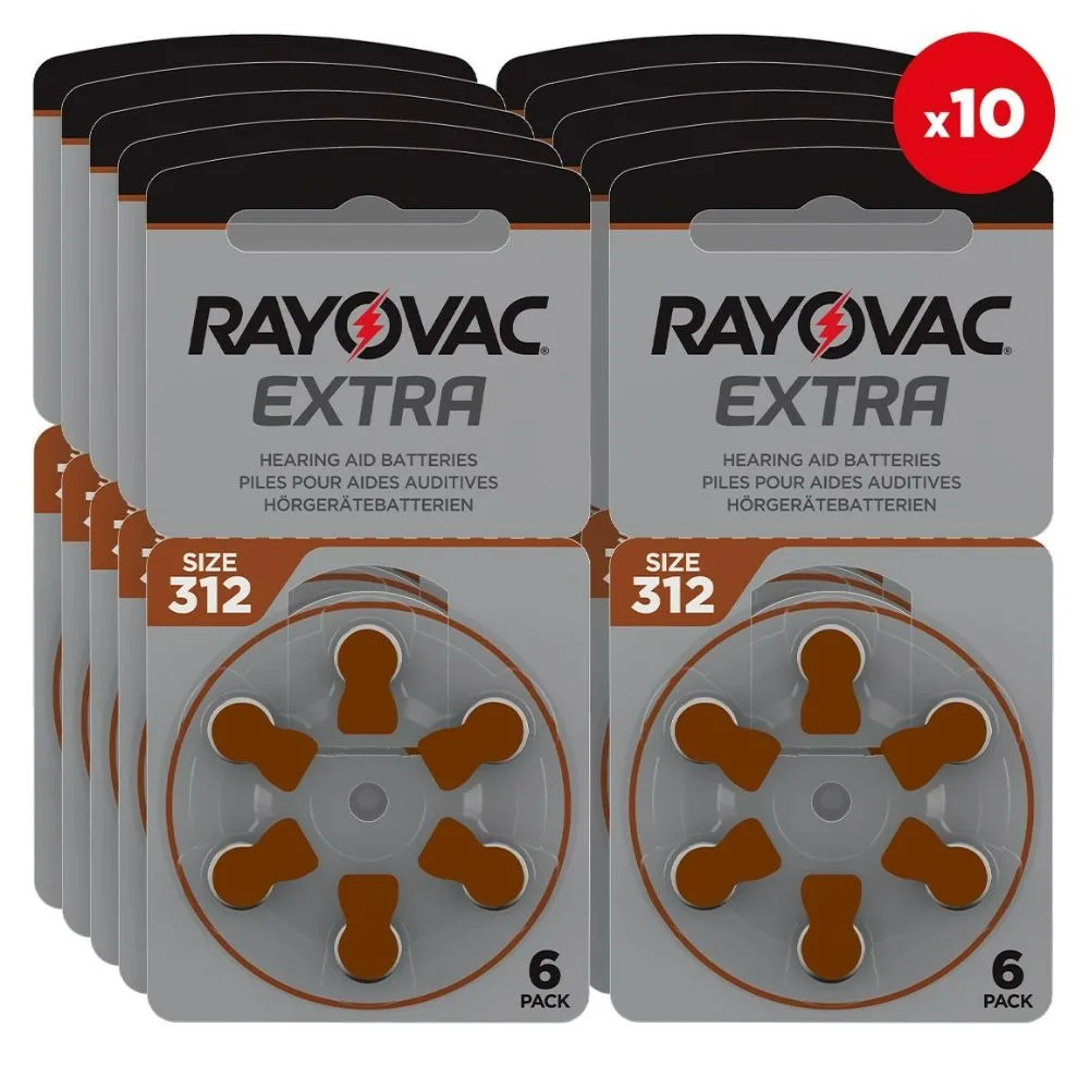 Rayovac Zinco Aria Extra 312 Batterie Per Apparecchi Acustici 60 Pz/10 Carte 1.45V 312A A312 Pr41 Per Apparecchi Acustici Bte Cic Ric Oe
